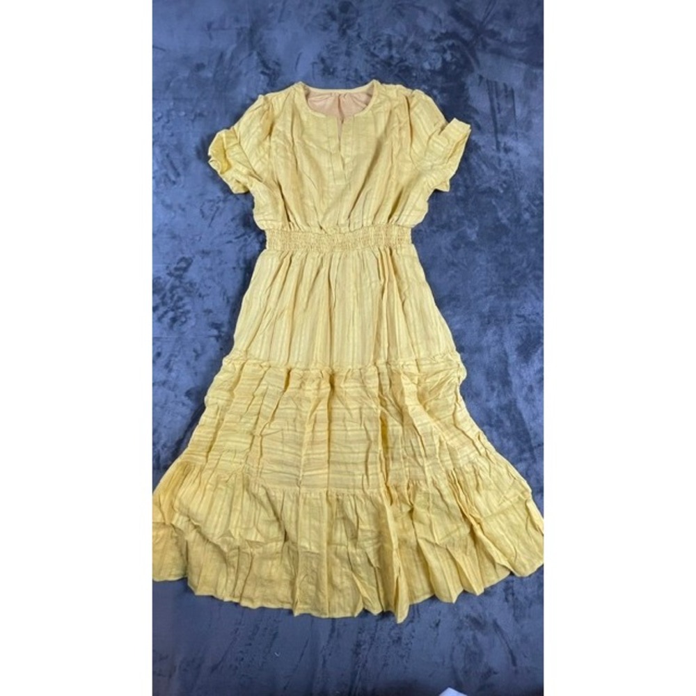 Yellow Tiered Maxi Dress Smocked Waist Split V-Neck Short Sleeve XL
